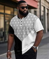 Men's Plus Size Daily Casual Black And White Grey Patchwork Geometric Print Henry Collar Button Short Sleeve T-Shirt